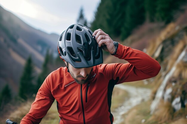Un motociclista ajusta el casco antes de embarcarse en un sendero de montaña