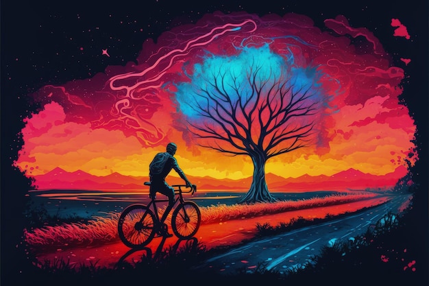 Motociclista andando de bicicleta no prado com árvore imaginativa e firmamento multicolorido Conceito de fantasia Ilustração pintura Generative AI