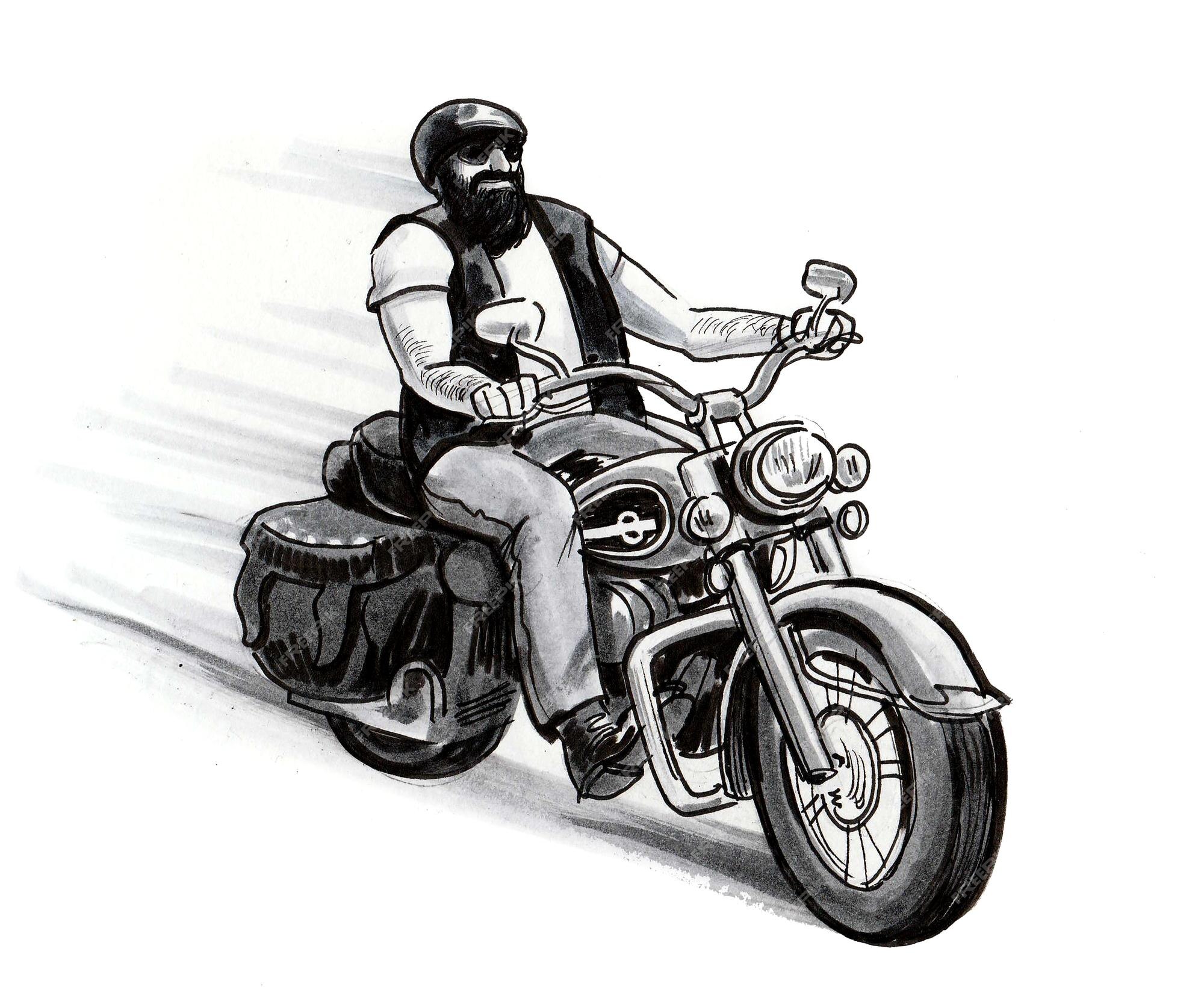 Um desenho preto e branco de um homem andando de moto.