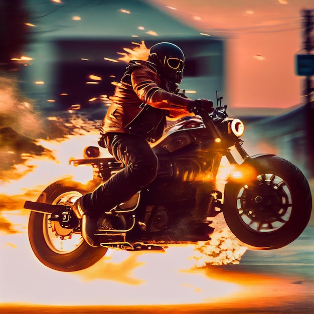 Motociclista andando de moto clássica em chamas helicóptero épico ou motocicleta scrambler