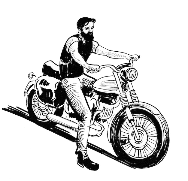 Motociclista andando de motocicleta clássica americana. Desenho de tinta preto e branco