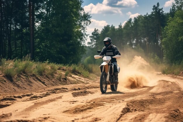 Motociclista en el bosque desierto