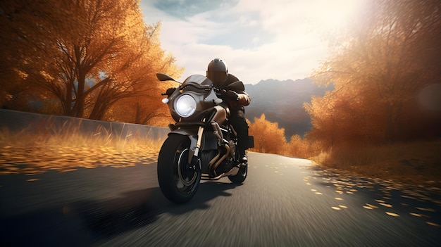 Un motociclista en una carretera con árboles de otoño en el fondo.