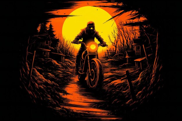 Motociclista en la carretera en el bosque en la ilustración de la puesta de sol