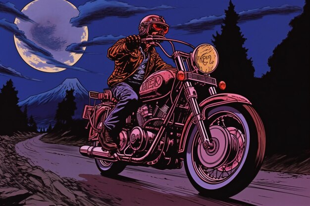 Motociclista en la carretera por la noche con luna llena