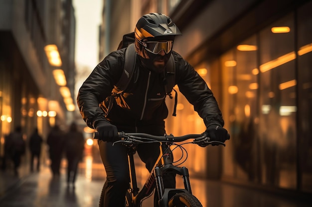 Motociclista con casco andando en bicicleta AI