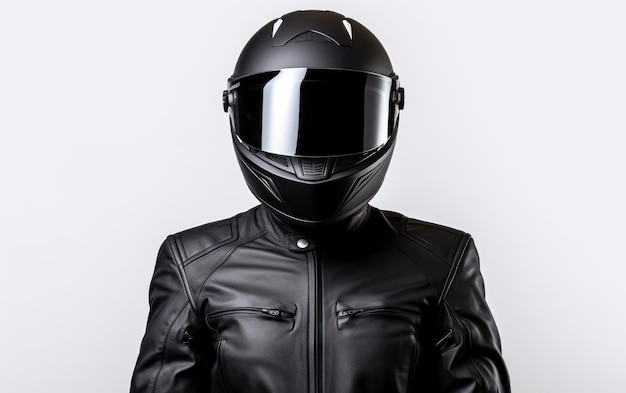 Foto motociclista con casco negro frente a un fondo blanco