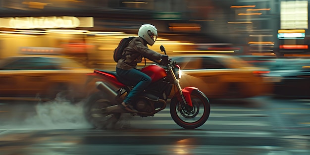Un motociclista corre por las calles de la ciudad encarnando la libertad, la agilidad y la adrenalina.