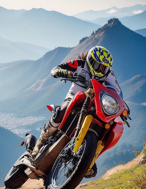 Foto motociclista de corrida em uma motocicleta esportiva de enduro anda rápido em uma estrada empoeirada na floresta de montanha corrida em um dia ensolarado
