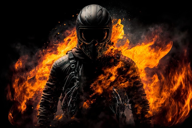 Motociclista de fogo em cena escura dramática Papel de parede Generative AI