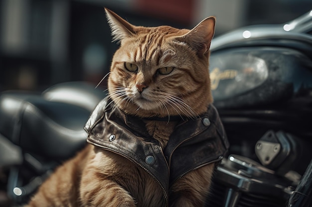 Motociclista de gato em uma jaqueta de couro dirigindo uma motocicleta