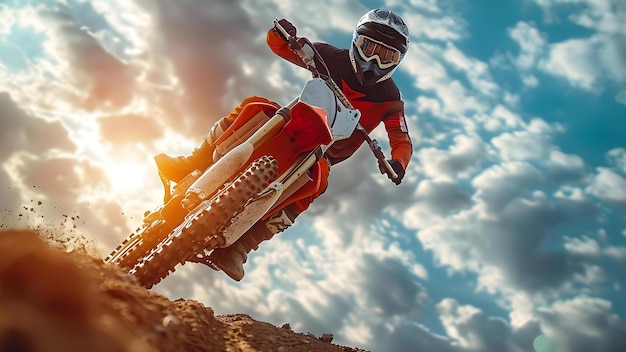 Foto motociclista de motocross fazendo um truque de chicote em uma bicicleta de terra concept action sports extreme motocross whip trick dirt bike adrenaline rush