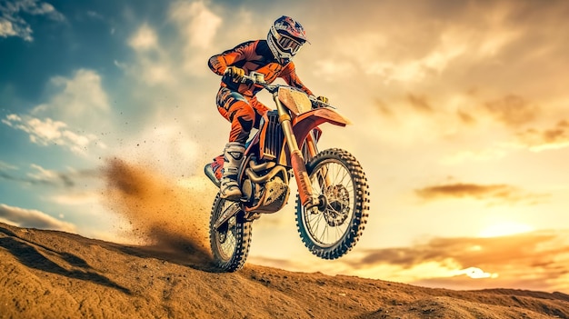 Motociclista de motocross moderno salta em uma duna no deserto em um supercross feito com Generative AI