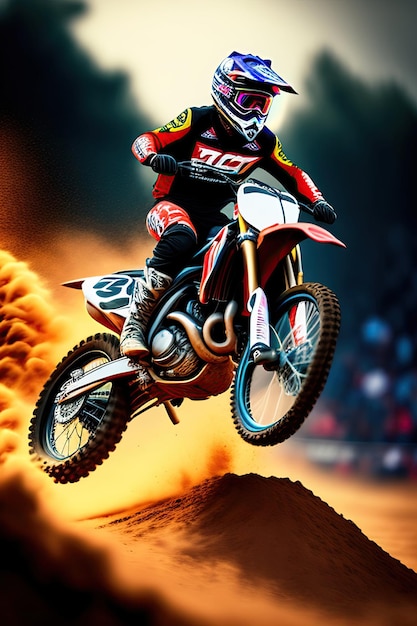 Motociclista de terra fazendo um grande salto Supercross motocross de alta velocidade Conceito esportivo Arte digital