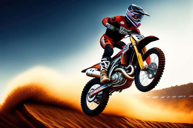 Motociclista de terra fazendo um grande salto Supercross motocross de alta velocidade Conceito esportivo Arte digital