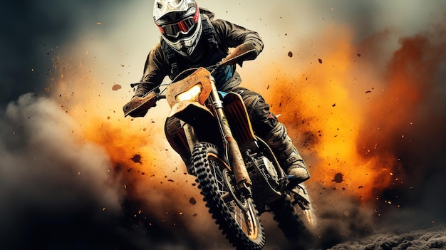 Foto motociclista de terra fazendo um grande salto supercross motocross de alta velocidade conceito esportivo ia geradora
