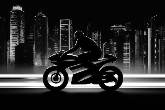 Motociclista em uma bicicleta esportiva em fundo preto branco generativo ai