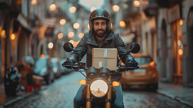 Motociclista entregando paquetes y alimentos en las calles de la ciudad Concepto Entrega de alimentos Motociclista Servicios de entrega en calles urbanas Transporte de la ciudad