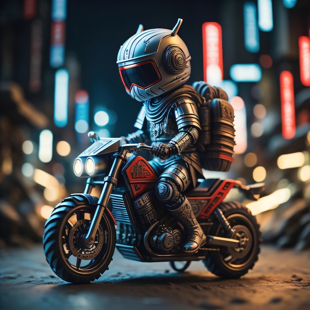 Motociclista futurista com capacete grande