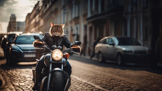 un motociclista de gato monta una motocicleta en una ciudad soleada