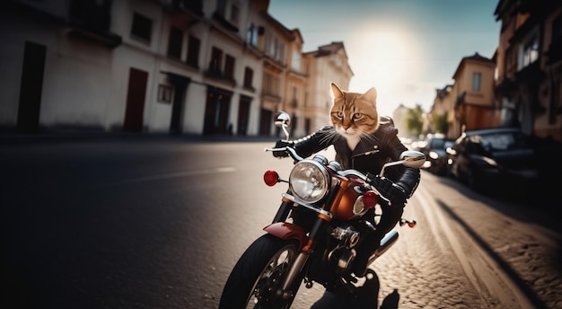 un motociclista de gato monta una motocicleta en una ciudad soleada