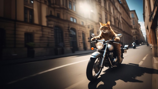 un motociclista de gato monta una motocicleta en una ciudad soleada