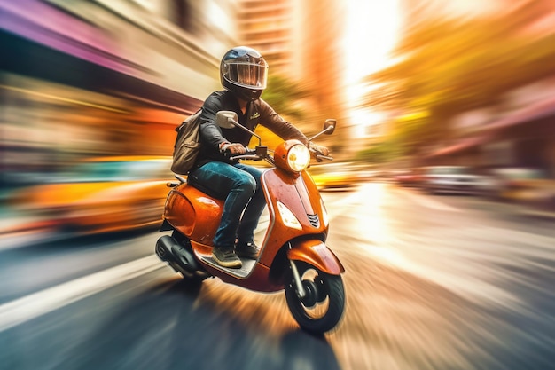 Motociclista masculino dirigindo scooter retrô na rua da cidade Generative AI