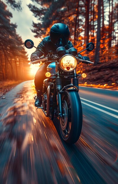 Un motociclista monta una motocicleta en una carretera de asfalto al atardecer