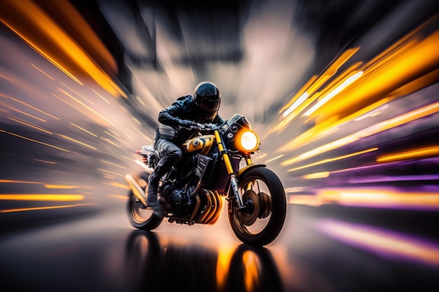 Foto motociclista montando una motocicleta en la carretera por la noche con desenfoque de movimiento ia generativa