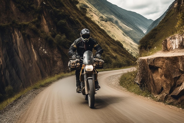 Motociclista montando sua motocicleta em uma bela paisagem montanhosa