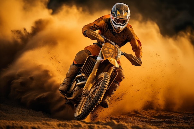 Foto motociclista de motocross en una curva de arena