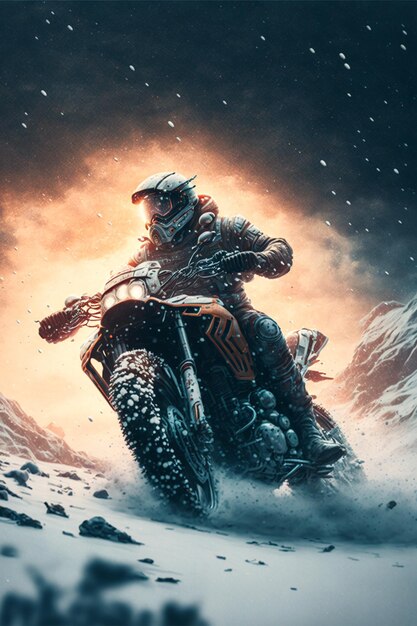 motociclista na neve em uma motocicleta nas montanhas ai generativa
