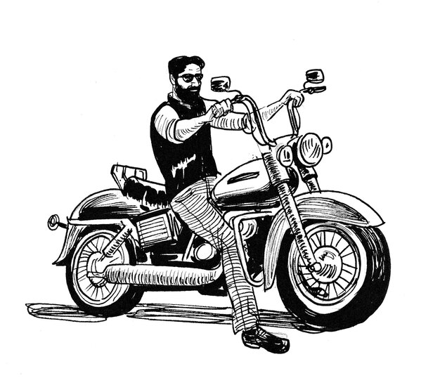 Foto motociclista pilotando uma clássica motocicleta americana. desenho de tinta preto e branco