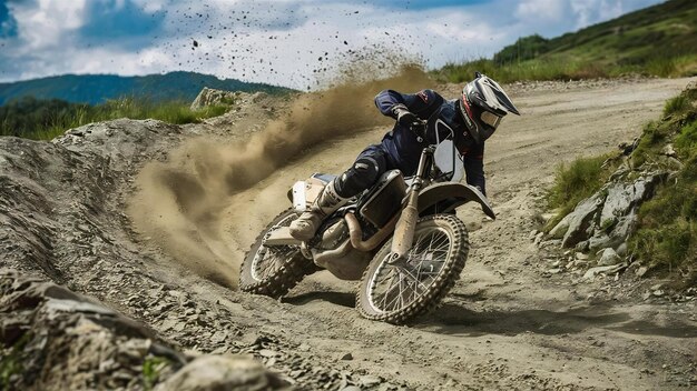 Foto motociclista en una pista de grava fuera de carretera