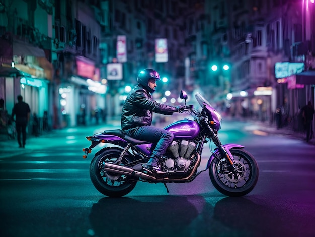 Un motociclista se sienta en su motocicleta en el medio de una calle de la ciudad