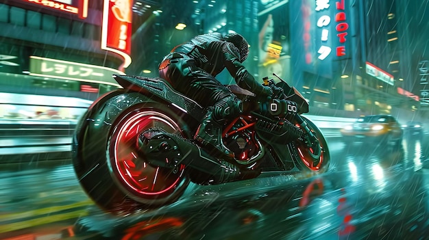 Un motociclista solitario viaja por una calle lluviosa de la ciudad por la noche las luces de la ciudad se reflejan en el pavimento mojado y la lluvia está cayendo fuertemente
