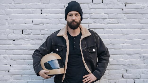 Foto motociclista usa jaqueta de jeans shearling e camisa henley preta em branco segura motocicleta beige vintage