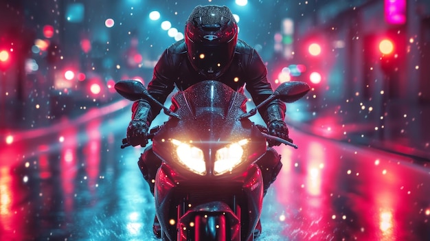 Un motociclista viaja rápido con luces de neón