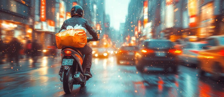 Motociclista viajando por la calle de la ciudad