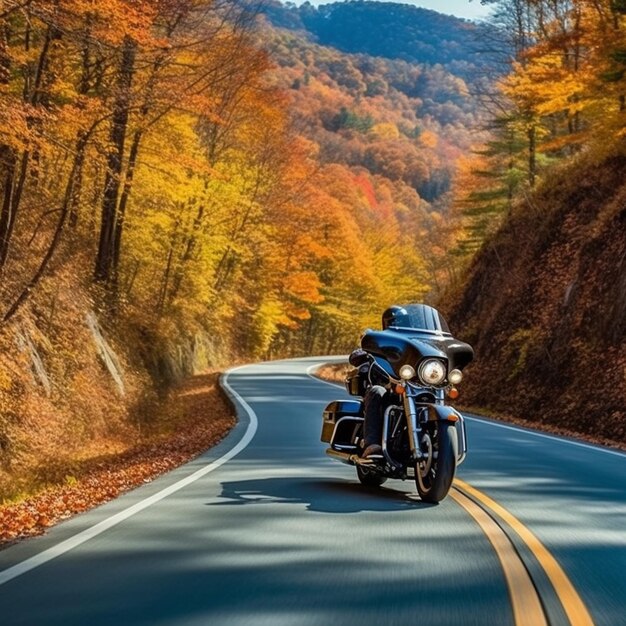 Foto un motociclista viajando por una carretera al atardecer