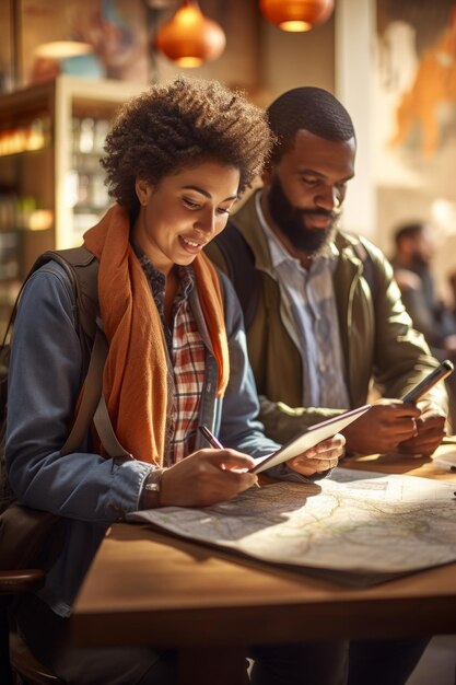 Foto motociclistas estudando mapas e rotas em uma cafeteria amigável a ciclistas