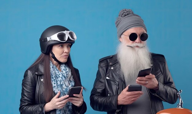 Foto motociclistas idosos a andar de motocicleta com os cabelos grisalhos a voar, a criar usando ferramentas de ia generativa.