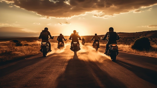 Foto motociclistas na estrada ao pôr-do-sol