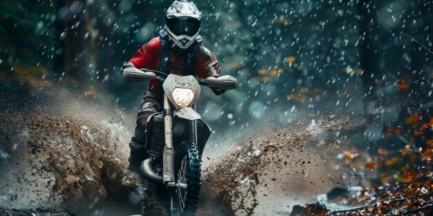 Motocross extremo na floresta durante a chuva O piloto anda em um off-road sujo AI geradora