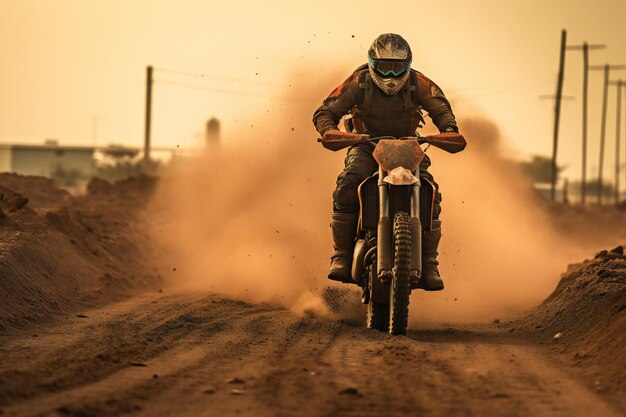 Foto motocross-fahrer auf einer schotterstrecke in den strahlen der untergehenden sonne