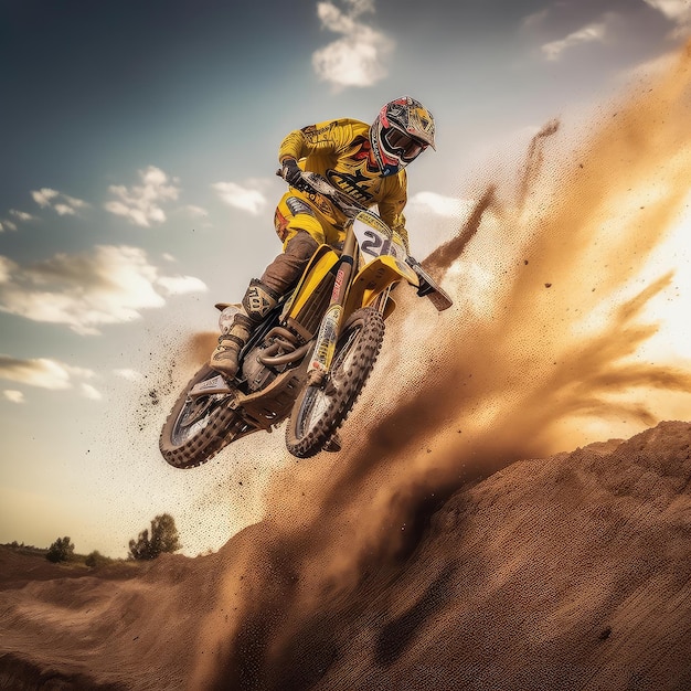 Foto motocross-fahrer fotorealistische illustration generative ai man helm motorradstaub