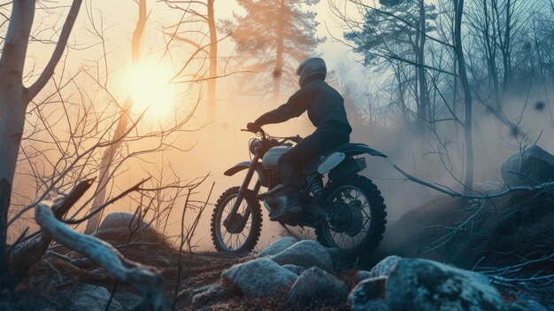 Motocross Homem motociclista profissional em equipamento de moto completo montando culturas bicicleta de enduro na montanha