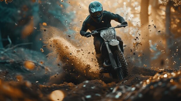 Motocross-Mann, professioneller Motorradfahrer in voller Moto-Ausrüstung, der auf Enduro-Fahrrädern auf dem Berg fährt
