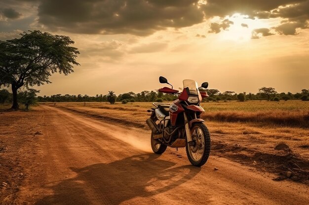 Motocross-MX-Safari-Motorrad auf einem Feldweg mit wunderschöner Landschaft