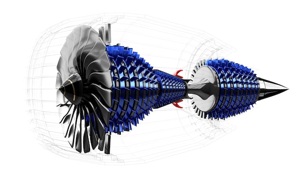 Motor a jato dentro na ilustração 3D de fundo branco